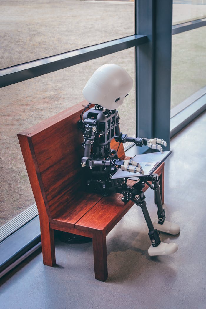 services-04 A humanoid robot sits on a wooden bench, reading in a modern setting in Seoul.